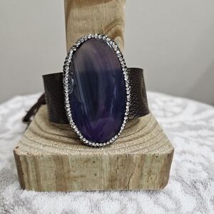 Elegant Large Purple Agate Stone Bracelet w/ upcycle LV adjustable  band